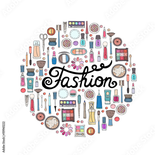 Cute decorative cover with hand drawn colored cosmetics on white color