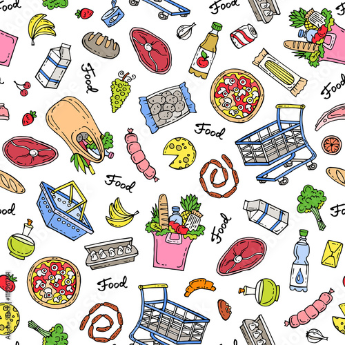 Pattern on the theme of food - dairy products, beverages, vegetables, fruits, meat products, sausages, bread, pizza