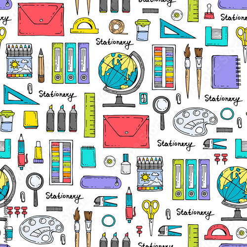 Vector seamless pattern with hand drawn colored stationery
