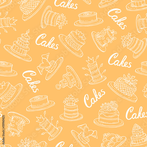 Vector seamless pattern with hand drawn isolated cakes on yellow color
