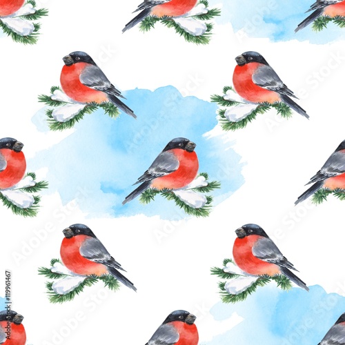 Bullfinch and snow. Seamless background with bird on branch. Watercolor pattern