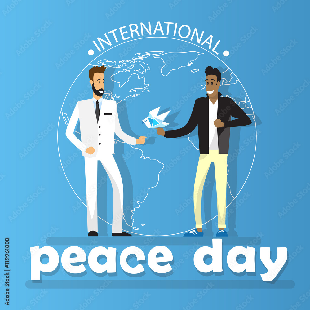 Two Diverse Man Globe Background International Peace Holiday Poster