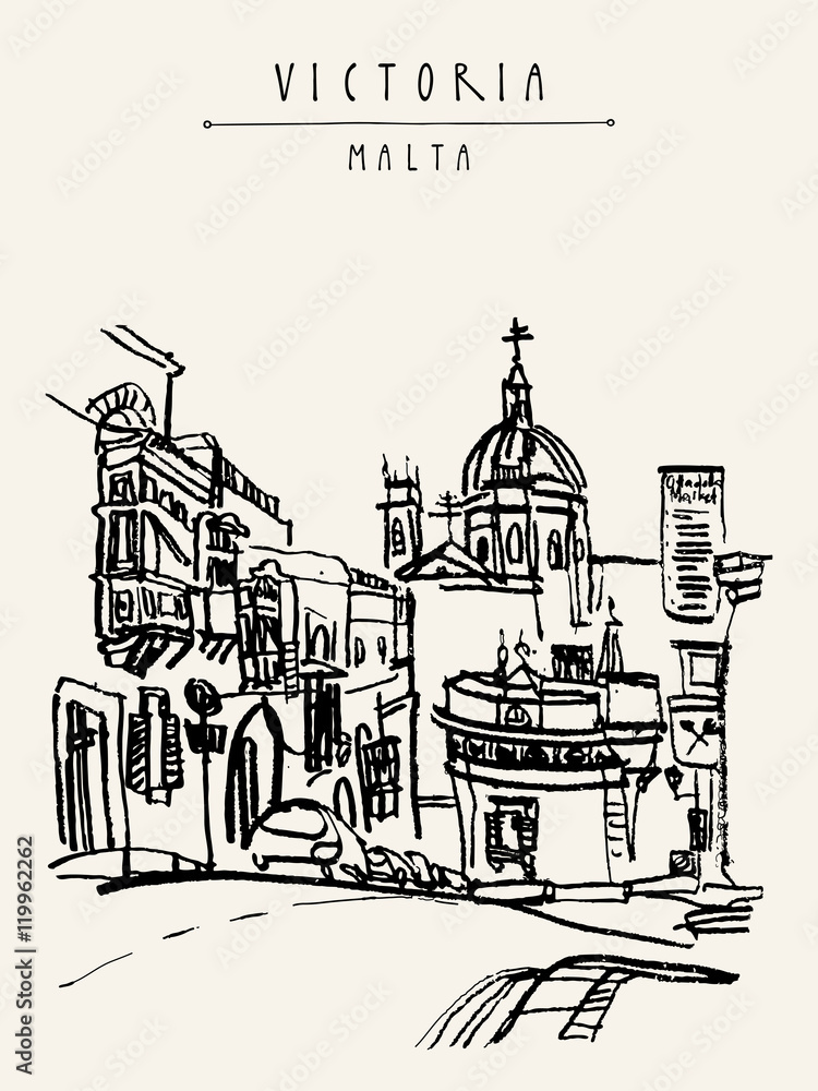 Catholic church in Victoria, Gozo island, Malta, Europe. Vintage hand drawn touristic postcard or poster template, book illustration