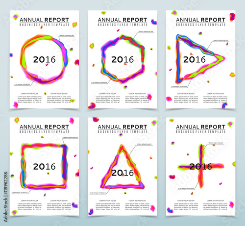 Covers of the white annual reports with abstract watercolor elements. Vector templates of flyers for your business. Corporate style of presentation. Posters with color shapes on the white background.