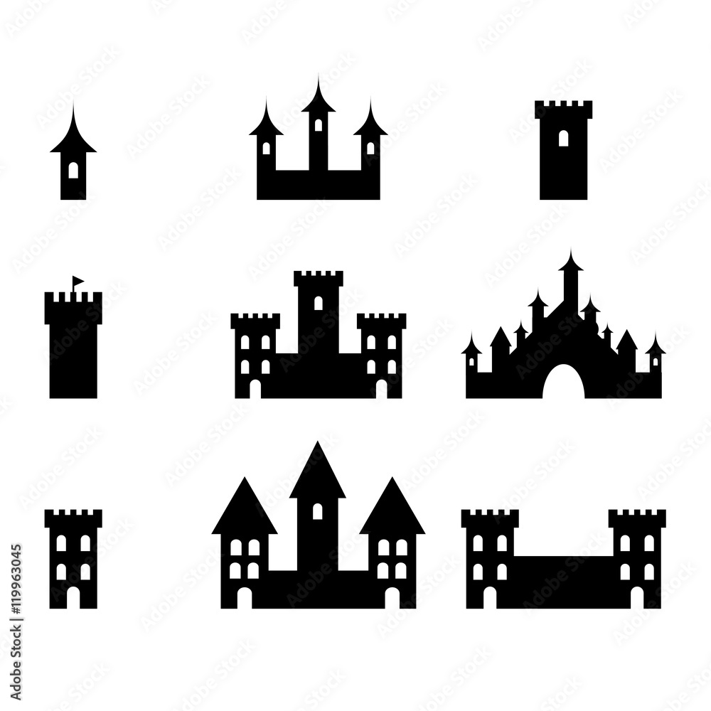Vector castle icon set on white background, vector EPS 10