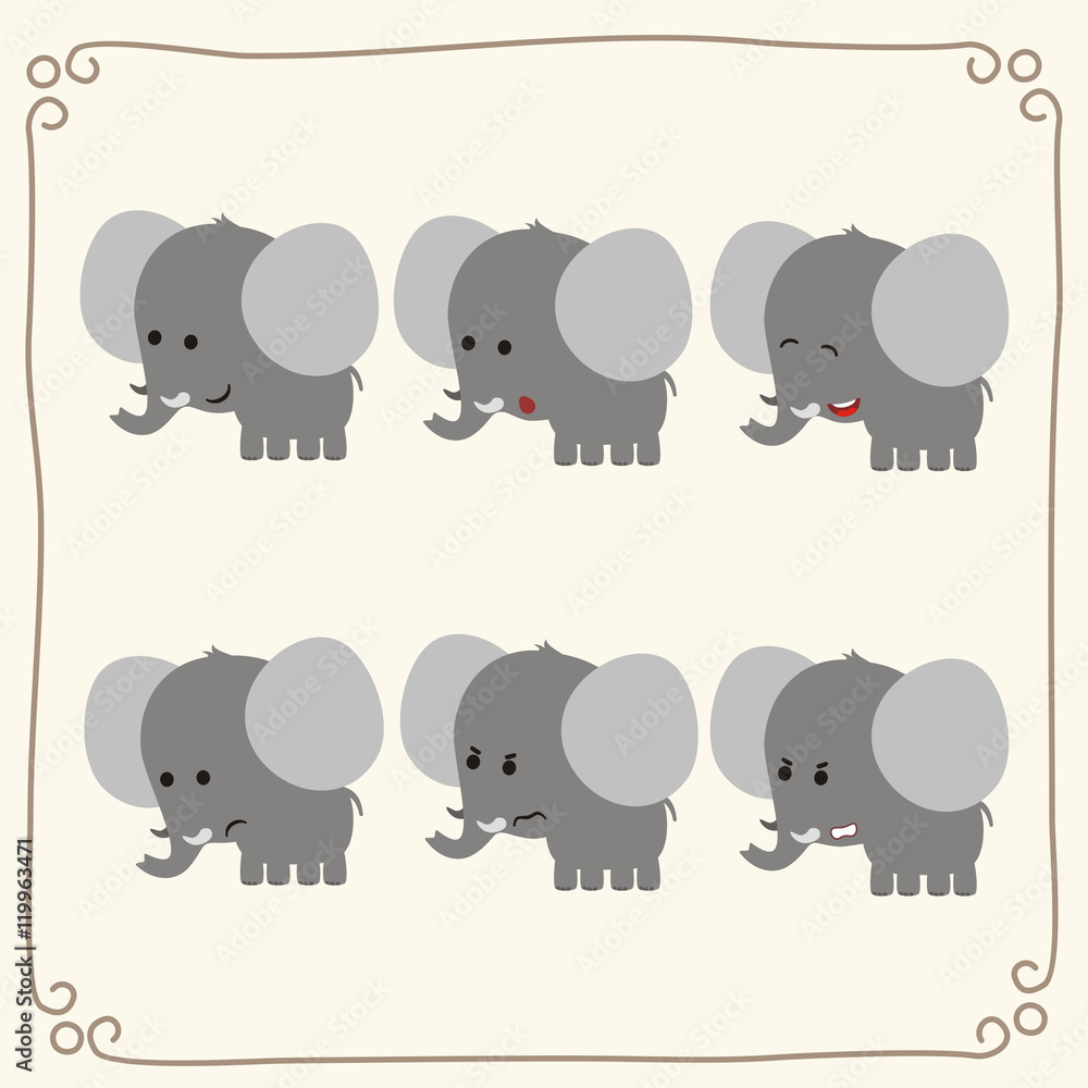 Obraz premium Vector set cute elephant. Collection isolated funny elephant. Emotion little elephant.