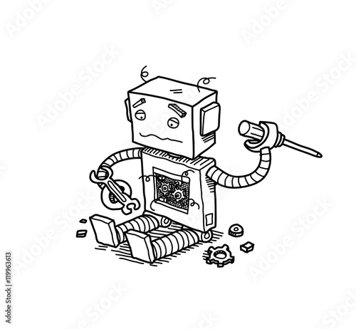 Broken Robot. A hand drawn vector doodle cartoon illustration of a broken robot trying to fix itself.