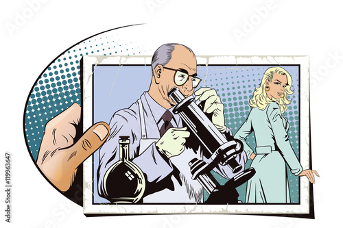 People in retro style. Scientist with microscope.