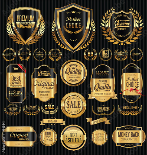 Golden shields laurel wreaths and badges collection