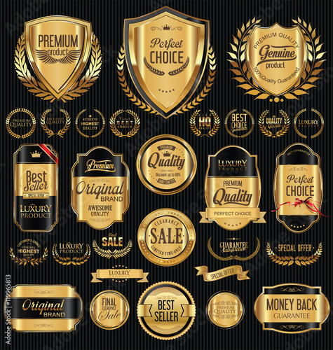 Golden shields laurel wreaths and badges collection