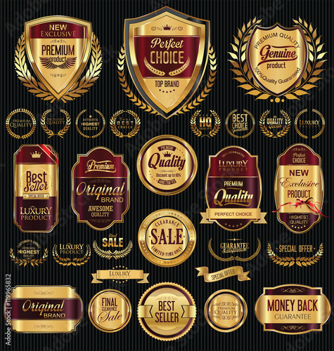 Golden shields laurel wreaths and badges collection