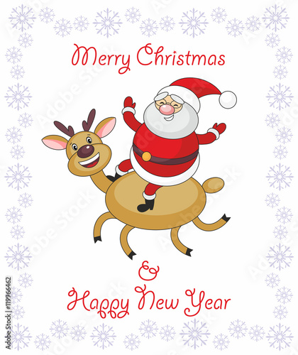 Greeting card merry Christmas and New Year with Santa Claus's image and cheerful deer.