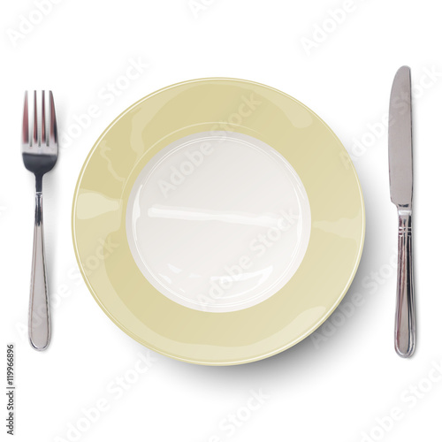 Empty plate with ivory-colored design with knife and fork
