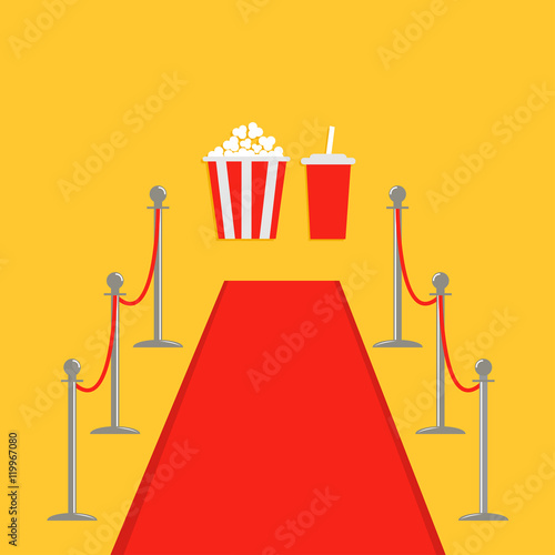 Red carpet and rope barrier golden stanchions turnstile Popcorn box soda. Isolated template Yellow background. Flat design