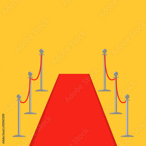 Red carpet and rope barrier golden stanchions turnstile Isolated template Yellow background. Flat design