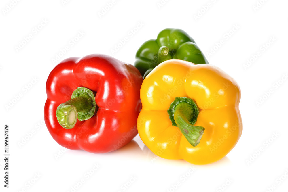 fresh green, red, yellow bell pepper with stem on white backgrou fresh green, red, yellow bell pepper with stem on white backgrou