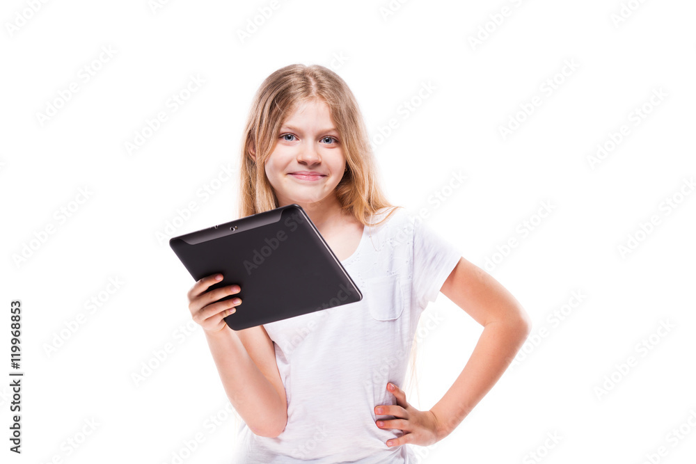 Pretty young girl with black tablet isolated on white
