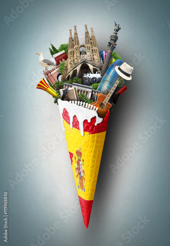 Photography Spain, landmarks Madrid and Barcelona, travel suitcase