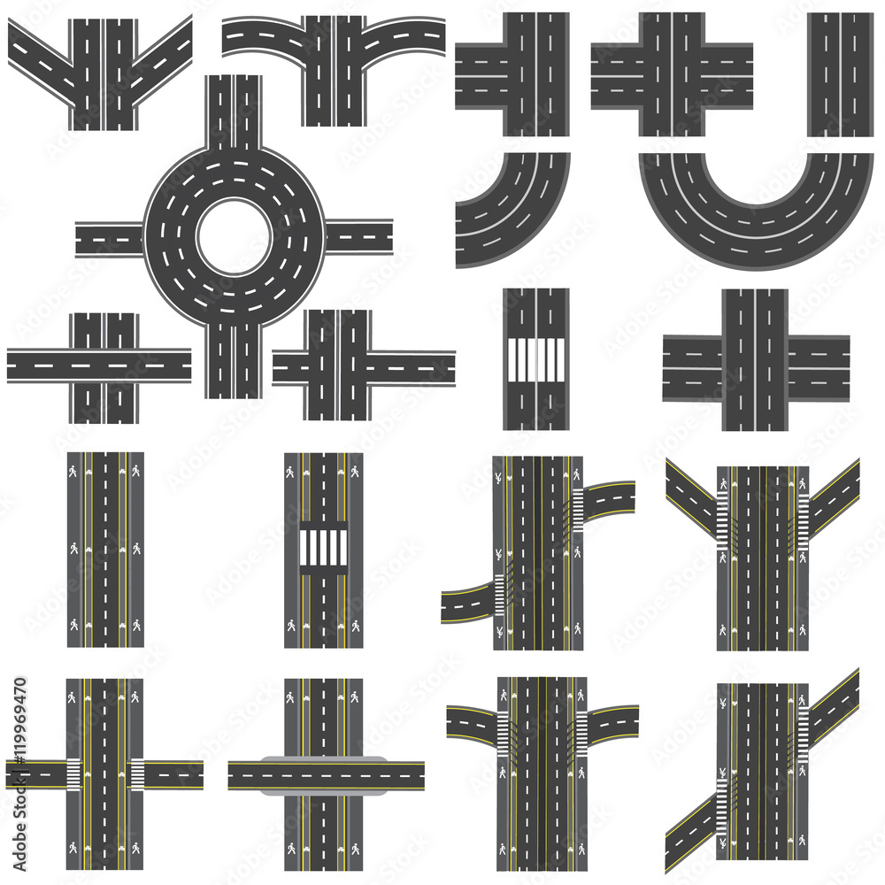 Set of different sections of the road with roundabouts, junctions, bends and various intersections. series depicts the sidewalks, marked bicycle lanes. Top view and perspective. illustration