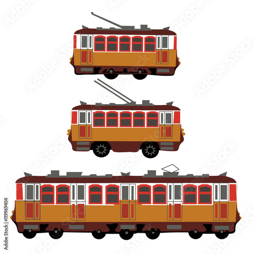 Vintage tram, electric train, trolleybus. Retro. Detail view of the side of the electric transport. Tourist tram. Yellow tram, trolleybus, train. illustration