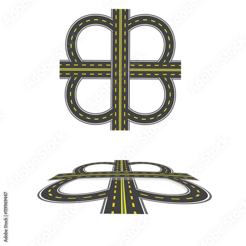 Set the transport interchange. Highway with yellow markings. Top view and in perspective. illustration