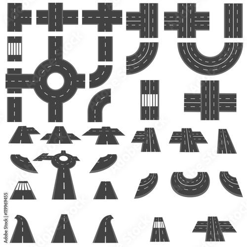 Set of sections of roads and various roundabout intersection. Top view and perspective. illustration