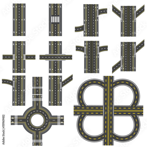 Set of different road sections with a circular dvizheniemi isolation. Transitions, turns and various intersections. series depicts the sidewalks, marked bicycle lanes. View from above. illustration
