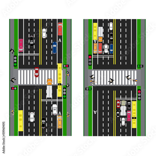 Highway Planning. roads, streets and traffic lights with the transition. Image sidewalks, transition lanes for public transport. View from above. illustration