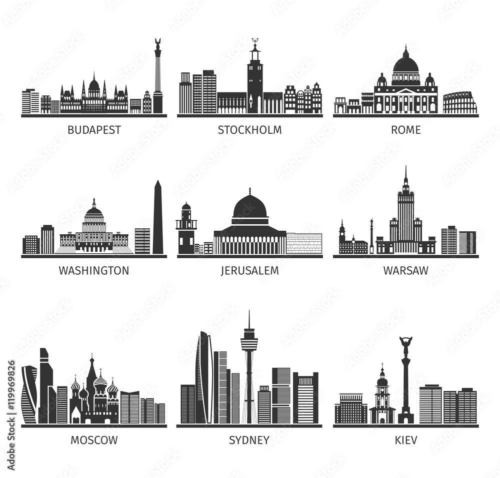 Naklejka premium World Famous Cityscapes Black Icons Set