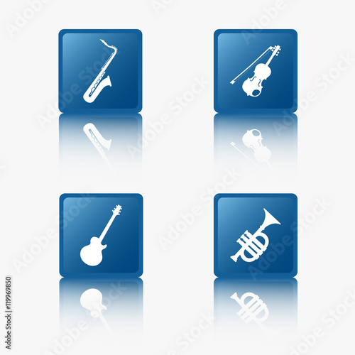 Blue Flat Design Icons, Musical Instrument, Collection 