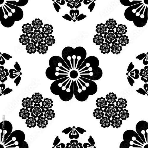 Sakura seamless stylized flower, Japanese symbols, black on white background, isolated, illustration.
