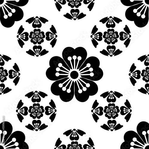 Sakura seamless stylized flower, symbolizes the arrival of spring, the Japanese symbols, black on white background, isolated, illustration