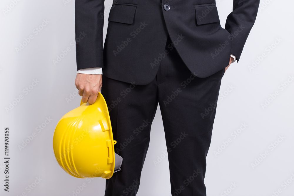 Engineer in black suit on isolated white background