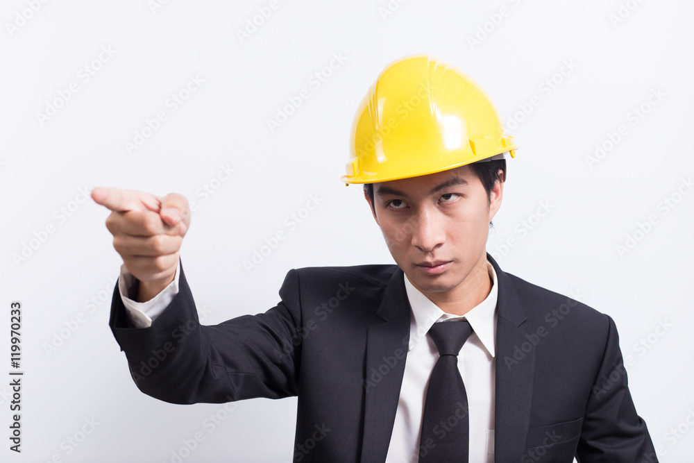 Engineer in black suit on isolated white background