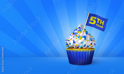 3D Rendering of Cupcake, 5th Year Text on the Flag, Blue Paper Cupcake