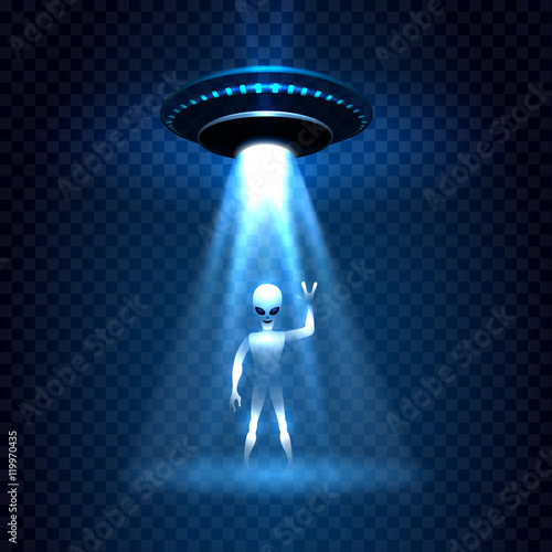 UFO invasion sky light beam with alien isolated on transparent background. Vector illustration