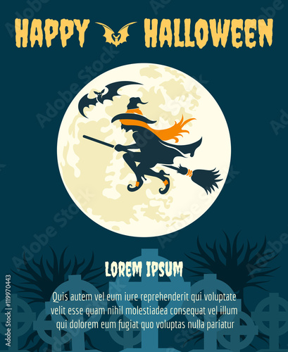 Halloween dark party invitation with witch and moon vector poster