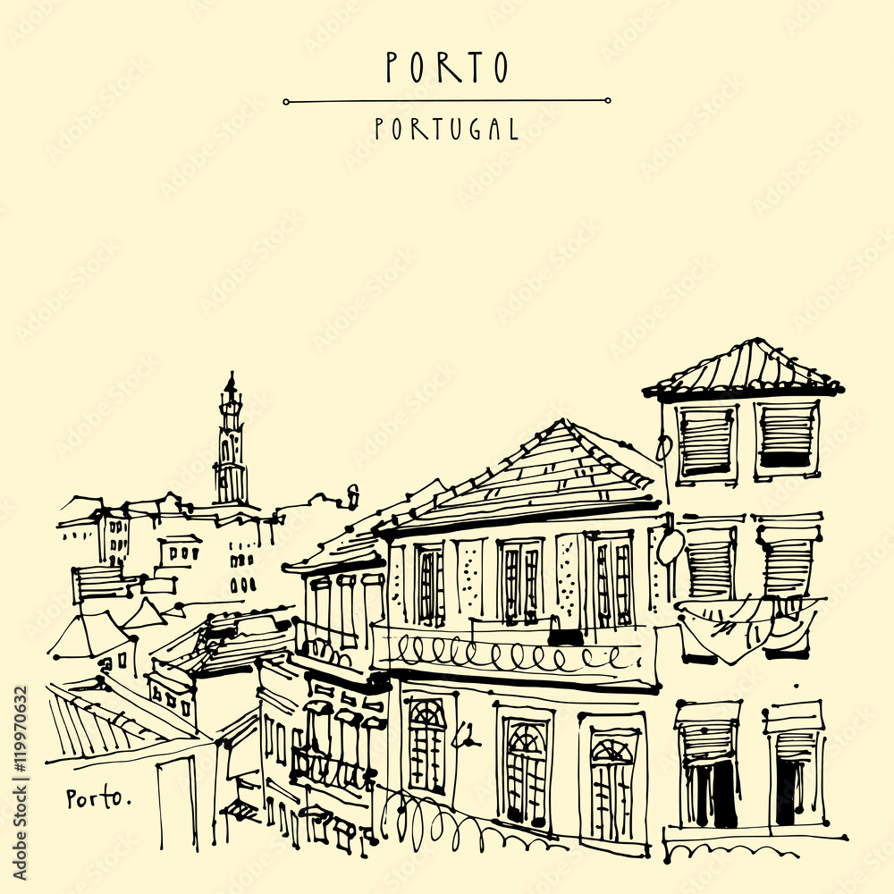 Porto (Oporto), Portugal, Europe. Street in old town, nice houses and a church. Hand drawing in retro style. Travel sketch. Vintage touristic postcard, poster, calendar or book illustration
