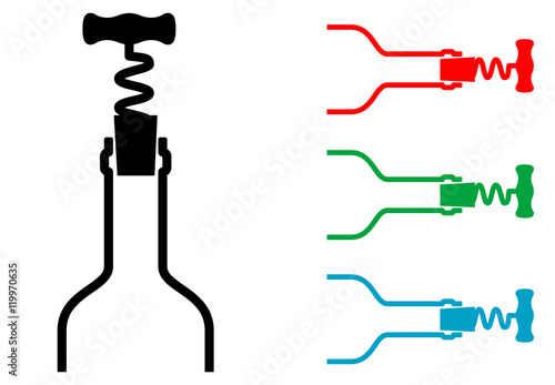 Icono plano sacacorchos con corcho en silueta botella varios colores