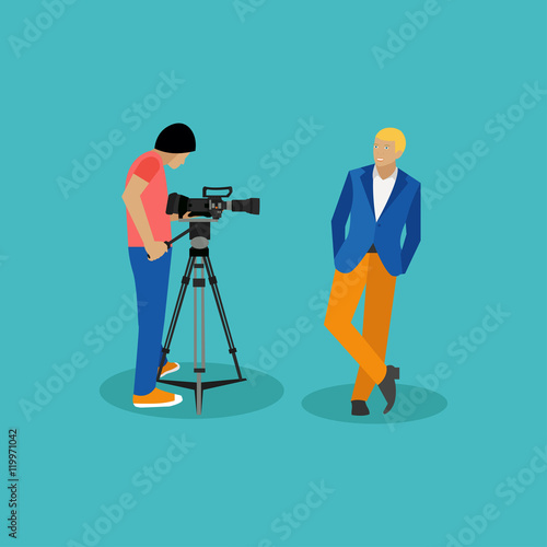 Movie shooting concept vector banners in flat style. Actor poses for camera man. Cinema design elements and icons