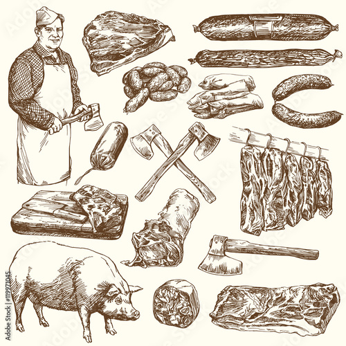 Meat, butcher. Hand drawn vector illustration