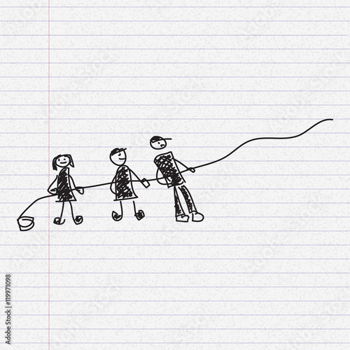 Doodle sketch of people pulling a rope on paper background