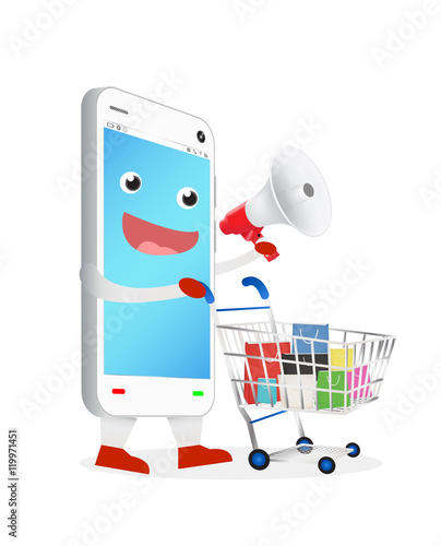 smartphone cartoon with megaphone and shopping cart