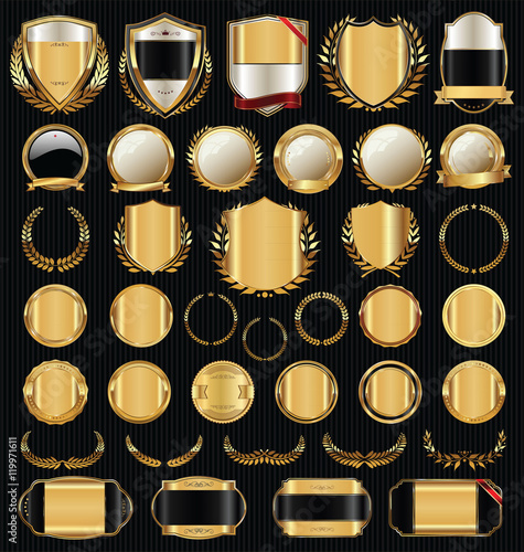 Golden shields laurel wreaths and badges collection 