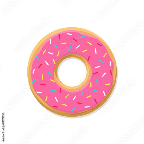 Sweet pink donut isolated on white background. Yummy cookie donut food. Candy decoration color donut with topping. Glazed pastry delicious snack, eat candy.