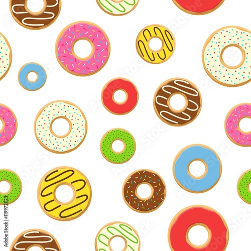 Vector seamless pattern with colorful donuts with glaze and sprinkles on white background. Candy decoration color donuts collection. Glazed pastry delicious snack, eat candy.