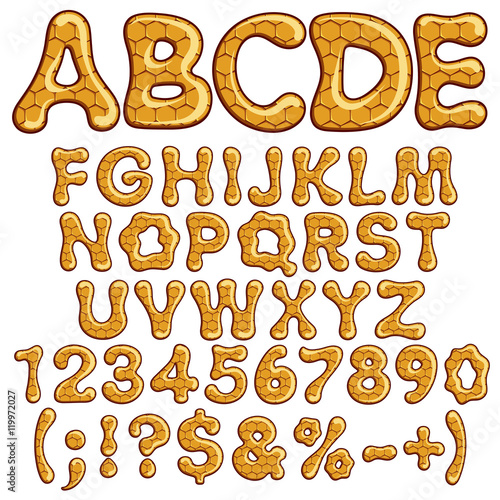 Latin alphabet and numbers made of honey. Isolated vector objects on white