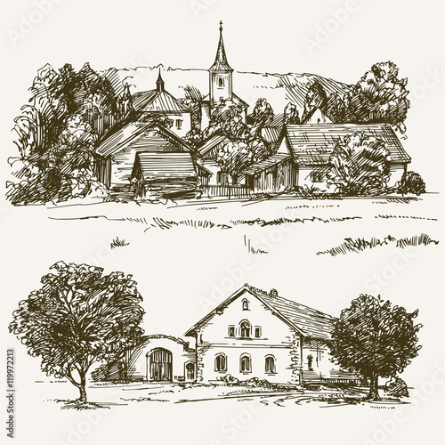 Rural village landscape, farm. Hand drawn set.