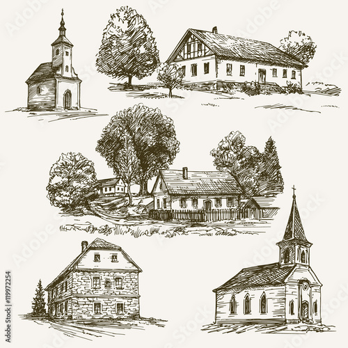 Rural village landscape, farm. Hand drawn set.