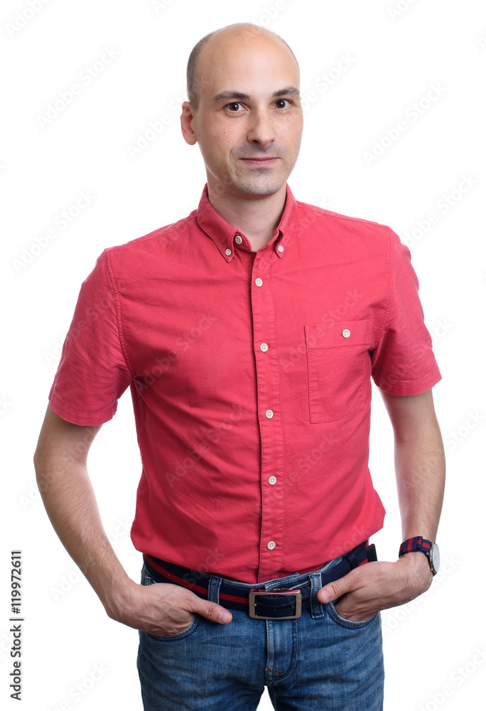 bald man wearing red shirt. Isolated bald man wearing red shirt. Isolated